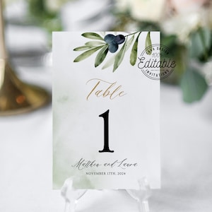 Modèles de signes de numéro de table de mariage Olive Branch, cartes de numéro de table modifiables sur le thème de mariage Boho, cartes de numéro de table, WD_102