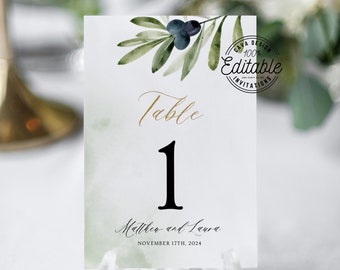 Olive Branch Wedding Table Number Sign Templates, Boho Wedding Theme Editable Table Number Cards, Table Number Cards, WD_102