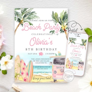 Girl Beach Party Birthday Invitation, Evite Ocean Birthday Invitation Template, Surfer Invitation, Editable Template, BSG_0293 image 2