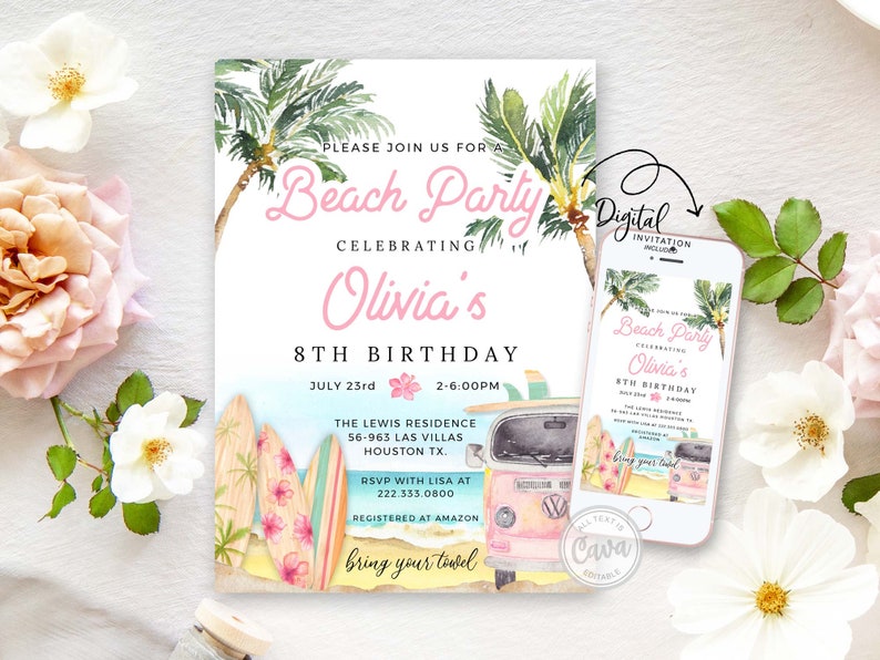 Girl Beach Party Birthday Invitation, Evite Ocean Birthday Invitation Template, Surfer Invitation, Editable Template, BSG_0293 image 2