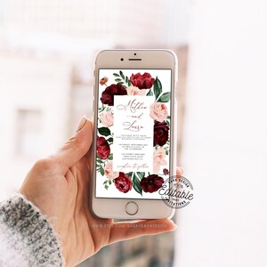 Burgundy and Blush Electronic Wedding Invitation, Winter Wedding Digital Invitation, Elegant Wedding Evite, 0344
