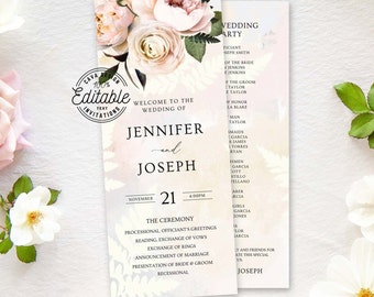 Programme de mariage de fleur Blush élégant, modèle de programme d'événement de jardin modifiable, ordre de service imprimable, programme plié de cérémonie 0106