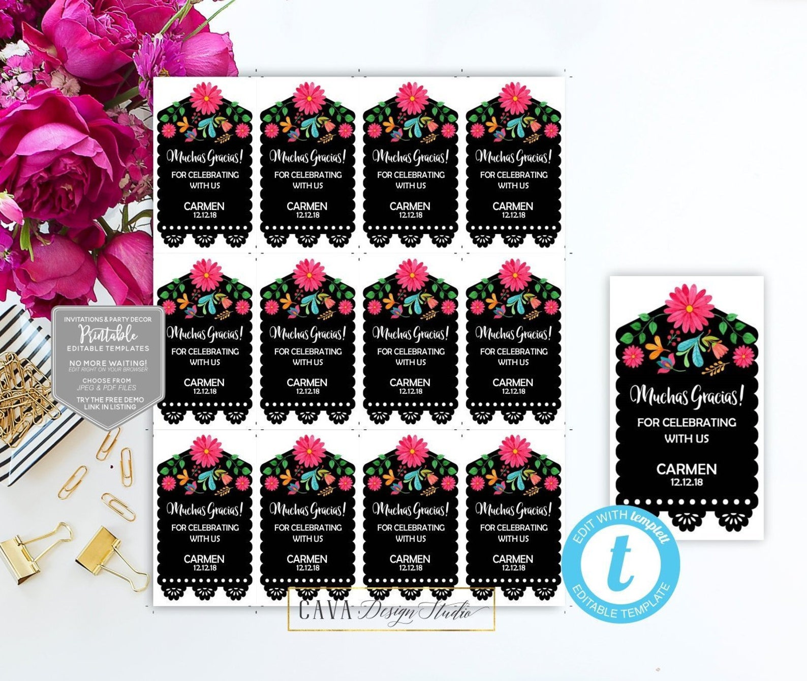 Fiesta Invitation Thank You Tags Printable Mexican Theme - Etsy