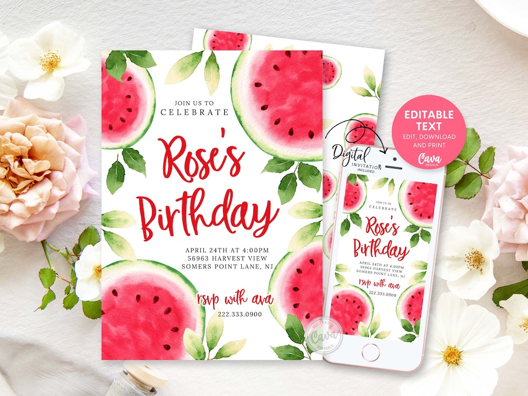 Watermelon Birthday Invitation Template, Watermelon Theme Party