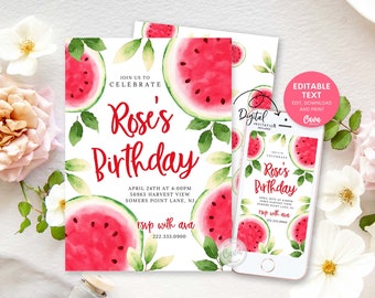 Watermelon Birthday Invitation Template, Watermelon Theme Party Invitation, Girl Summer Watermelon Birthday Invite, Editable Printable 0332