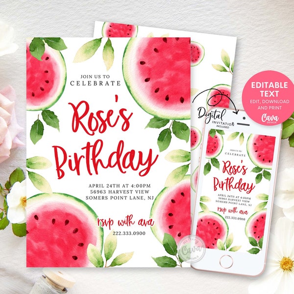 Watermelon Birthday Invitation Template, Watermelon Theme Party Invitation, Girl Summer Watermelon Birthday Invite, Editable Printable 0332