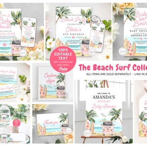 May include: A collection of printable baby shower party decorations with a beach and surf theme. The decorations feature a pink and white color scheme with palm trees, surfboards, and a vintage van. The text on the decorations says "Baby Shower", "Baby on Board", "Drive-By Baby Shower", and "Welcome to Amanda's Drive-By Baby Shower".