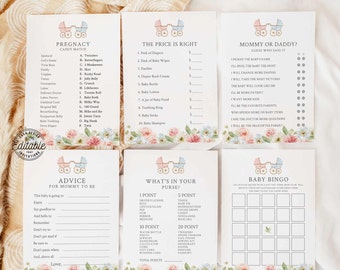 May include: A set of printable baby shower game cards featuring a pink and blue floral design. The games include "Pregnancy Candy Match", "The Price is Right", "Mommy or Daddy", "Advice for Mommy to Be", "What's in Your Purse", and "Baby Bingo".