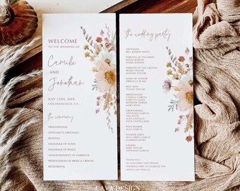 May include: Wedding ceremony program with floral design. The program lists the officiant, parents of the bride and groom, maid of honor, best man, bridesmaids, groomsmen, ring bearer, flower girls, and ushers. The program also includes the date and location of the wedding.