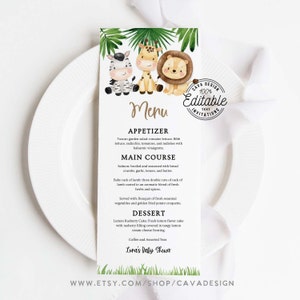 Szablon karty menu Safari Baby Shower, Szablon karty menu Jungle, Edytowalne menu kolacji do wydrukowania, Karta menu, 0338SBY