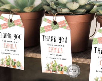 May include: Thank you tags with a cactus and succulent design. The tags are white with green and pink paper banners and the text "Thank you for showering Camila with love! September 20th, 2022".