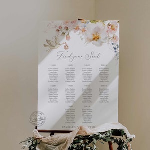 Wildflower Boho baby shower zitplaatsen grafiek, Floral baby shower zitplaatsen grafiek, meisje baby shower teken, bewerkbare afdrukbare sjabloon WD 229