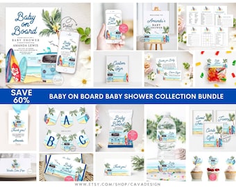 Boy Beach Baby Shower Invitation Bundle, Baby on Board Beach Invitation Set, Baby Shower Bundle Editable Printable Templates BSB 0293 BS