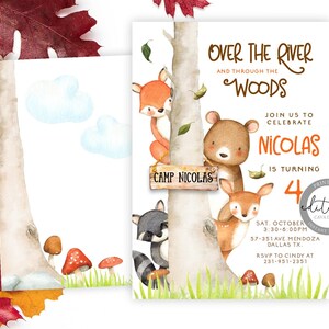 May include: Printable invitation for a 4th birthday party with a woodland theme. The invitation features a watercolor illustration of a bear, fox, deer, and raccoon around a tree with a sign that says "Camp Nicolas". The text on the invitation reads "Over the River and Through the Woods, Join us to Celebrate Nicolas is turning 4".