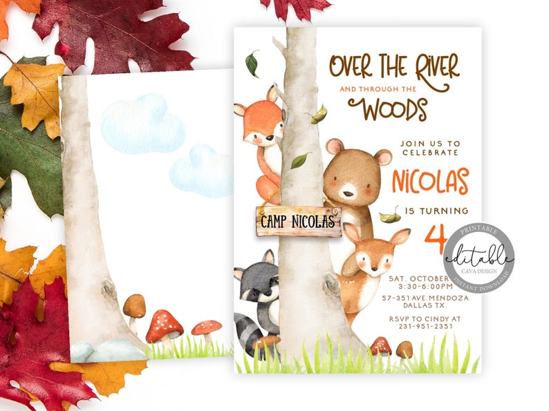May include: Printable invitation for a 4th birthday party with a woodland theme. The invitation features a watercolor illustration of a bear, fox, deer, and raccoon around a tree with a sign that says "Camp Nicolas". The text on the invitation reads "Over the River and Through the Woods, Join us to Celebrate Nicolas is turning 4".