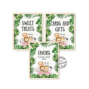 Meisje Safari Wild One verjaardagsbord, bord cadeau en kaarten, bord met zoete lekkernijen, gunstenbord, tafelbord, afdrukbaar bord, jungle-verjaardag 238P