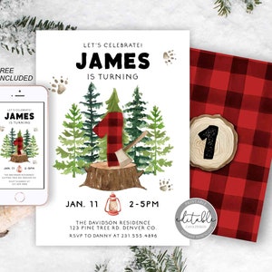 Lumberjack first Birthday Invitation, Boy Birthday Invitation, Buffalo Plaid, Printable Invite, EDITABLE Template, BRTH 0237