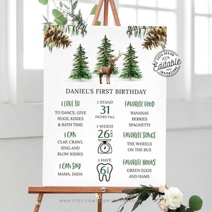 Poster traguardo Boy Forest One, cartello traguardo 1° compleanno cervo, modello cartello Boy Woodland, traguardo compleanno, 0309