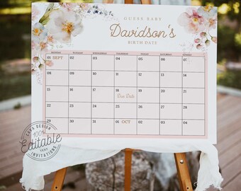 Wildflower Baby Prediction Calendar, Boho Floral Baby Due Date Calendar, Girl Baby Shower Game, Due Date Game, Instant Download WD 229