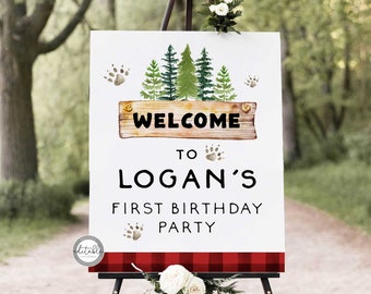 Bewerkbare houthakker welkom verjaardag teken afdrukbare poster, camping verjaardag welkomstposter, Woodland 1e verjaardag teken sjabloon, 0240