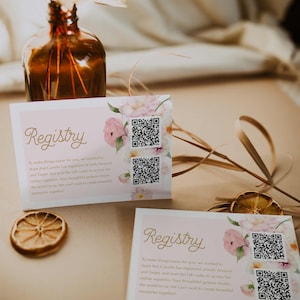 Pink Floral Gift Registry Card with QR, Elegant Wedding Registry Card Template, Editable Baby Shower Gift QR Card, Registry Template 239