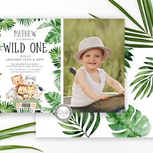 Jungle Wild One Birthday Invitation with Photo, Safari Birthday Invitation, 1st Boy Birthday Invitation, Editable Invite, Download BRTH 238G