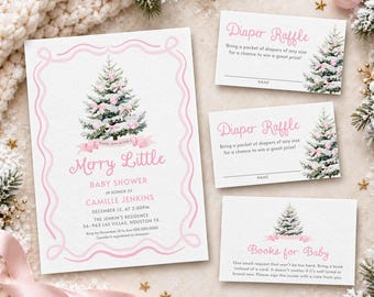 Merry Little Baby Shower Invite, Girl Christmas Baby Shower Invitation, Christmas Tree Baby Shower, Shower Insert Cards, Pink Bow, WD 0414
