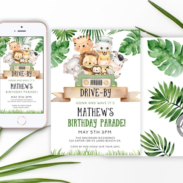 Wild One Birthday Boy Invitation, Drive-By Birthday Parade, Safari Invitation, Jungle Birthday, Printable Invite, WOB238