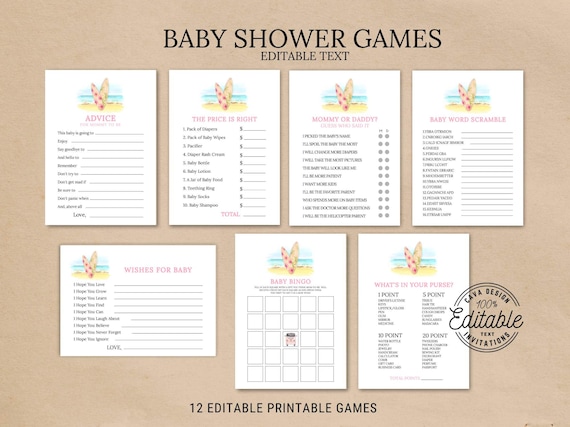 Girl Beach Baby Shower Games, Surf Board Printable Baby Shower Games, Summer  Girl Baby Shower, Instant Download Game Bundle, BSG_0293 