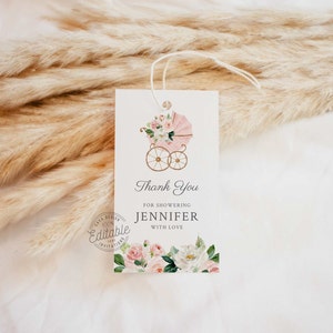 Rosa Blumen Mädchen Babyparty Danke Tags, rosa Kinderwagen druckbare Favor Tag, bearbeitbare Willkommenstasche Favor Tag, Geschenkanhänger herunterladen, 0350GR
