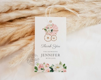Pink Floral Girl Baby Shower Thank you Tags, Pink Stroller Printable Favor Tag, Editable Welcome Bag Favor Tag, Gift Tag Download, 0350GR