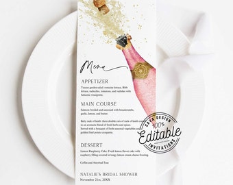 Pink Brunch and Bubbly Menu Card Template, Champagne Engagement Menu Card Template, Wedding Anniversary Menu, Editable Menu Card WD 227