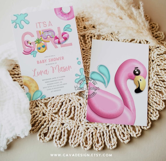 It's a Girl Pink Flamingo Baby Shower Invitation Printable Summer