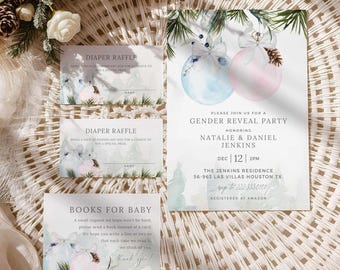 Christmas Gender Reveal Invitation Set | Winter Pink and Blue Baby Shower Template 210BG