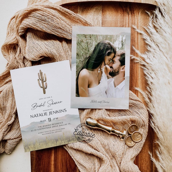 Desert Bridal Shower Invitation, Editable Minimal Bohemian Couples Shower Invite, Printable Cactus Wedding Shower Invitation Template, 113