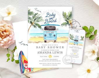 Invitación editable para baby shower de niño en la playa, invitación para baby shower de niño en verano, plantilla de invitación para bebé a bordo, descarga instantánea BSB_0293
