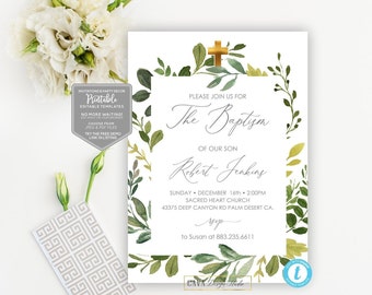 Printable Baptism Invite for Boy or Girl, Greenery Baptism Editable Invite, DIY Baptism Invite