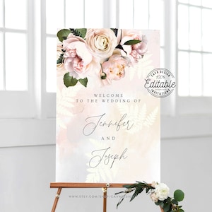 Blush Floral Wedding Welcome Sign, Welcome to our Wedding Printable Sign, Garden Wedding Sign, Editable Template Instant Download 106