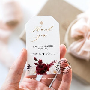 Burgundy Wedding Favor Tags, Thank you tag Printable, Burgundy and Gold Favor Tag Template, Tag Printable, Editable Favor Tag Template, 0205