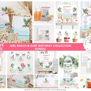 Girl Beach Birthday Party Invitation Bundle, Girl Summer Birthday Invitation Set, Birthday Milestone, Editable Printable Templates, BSG 0293 image 1