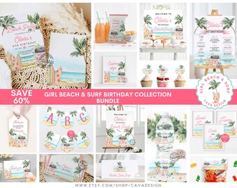 Girl Beach Birthday Party Invitation Bundle, Girl Summer Birthday Invitation Set, Birthday Milestone, Editable Printable Templates, BSG 0293