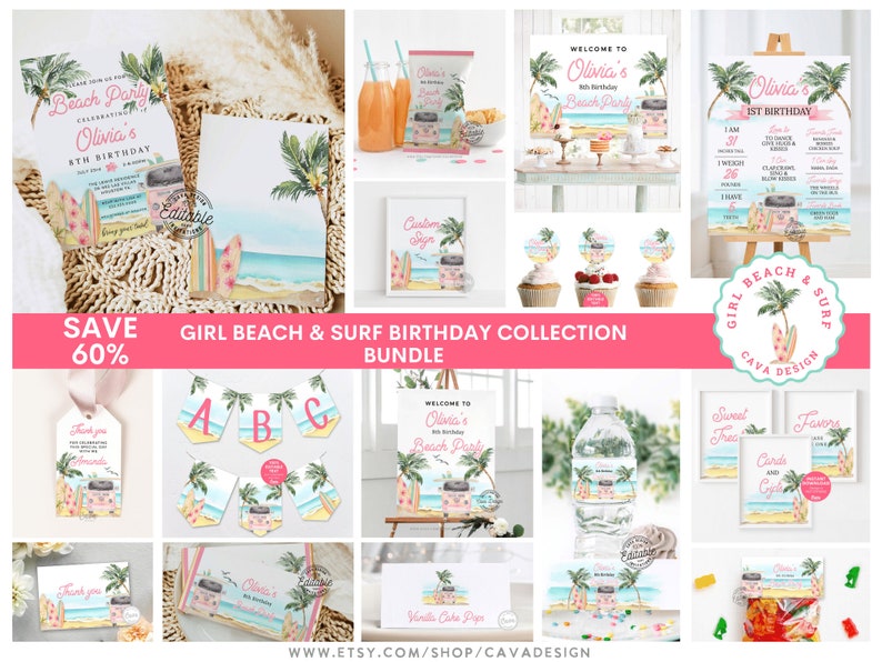 Girl Beach Birthday Party Invitation Bundle, Girl Summer Birthday Invitation Set, Birthday Milestone, Editable Printable Templates, BSG 0293 image 1