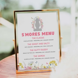 Editable S&#39;mores Menu Print, S&#39;more Printable Menu, S&#39;more Sign, Girl Camping Birthday Table Sign