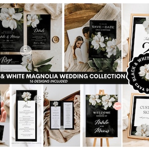 Conjunto de invitaciones de boda con magnolias en blanco y negro, paquete de invitaciones de boda con motivos en el jardín, conjunto de invitaciones de boda con motivos florales blancos, plantilla imprimible 110