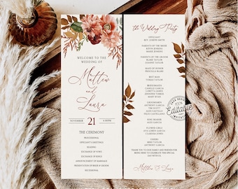 Fall Rustic Wedding Program Template, Editable Boho Wedding Program Template, Printable Order of Service, Ceremony Program 0343