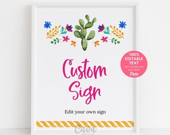 Puede incluir: Un cartel blanco imprimible con un cactus rosa y un diseño floral. El texto en el cartel dice "Custom Sign" y "Edit your own sign". El cartel también incluye el texto "100% Editable Text" y "Edit, Download and Print".