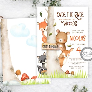 May include: A woodland-themed birthday invitation with a watercolor illustration of a tree, a raccoon, a fox, a deer, and a bear. The text reads "Over the River and Through the Woods" and "Join us to Celebrate Nicolas is Turning 4".