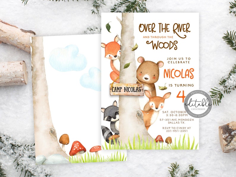 May include: A woodland-themed birthday invitation with a watercolor illustration of a tree, a raccoon, a fox, a deer, and a bear. The text reads "Over the River and Through the Woods" and "Join us to Celebrate Nicolas is Turning 4".
