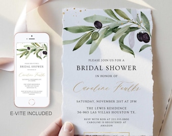 Bridal Shower Invitation, Olive Bridal shower invite, Greenery Wedding Shower Invitation, Invitation Template, Editable Template, 0304