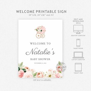 K&ouml;nnte beinhalten: Ein druckbares Willkommensschild f&uuml;r eine Babyparty mit einer Illustration eines rosa und goldenen Kinderwagens. Das Schild enth&auml;lt den Text "Willkommen zu Natalies Babyparty" und das Datum 23. November 2028. Erh&auml;ltlich in 45,7 x 61 cm, 61 x 91,4 cm und A1.
